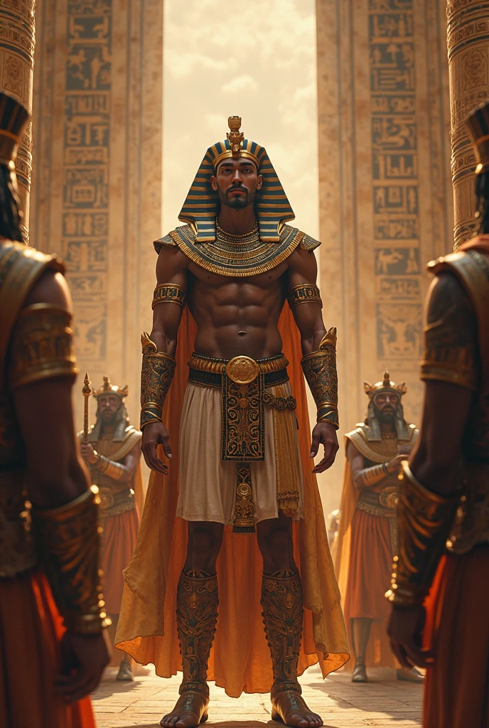 tres personajes, Anubis (cuerpo de hombre de piel negra con cabeza de chacal); With two women sex in an Egyptian room, hiperrealista