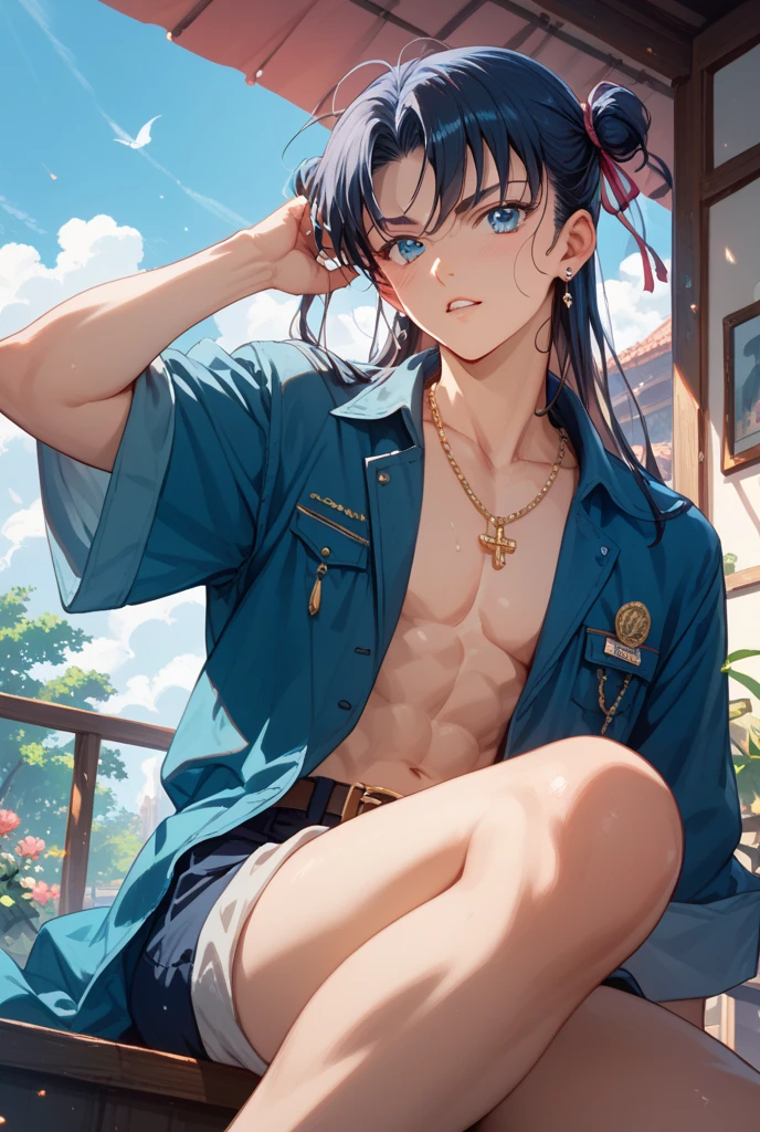 14 years old, 1 man, Skinny, open fly, shaved pubic hair, flirtatious expression, presumed, lying shirtless, by rubio, baseball cap, very low pants, open fly, unzipped fly, unbuttoned shorts, soft muscles, thick thighs, worn and torn jean shorts, bulging and swollen crotch, high socks, evening, High Definition, detailed face, nipple rings.