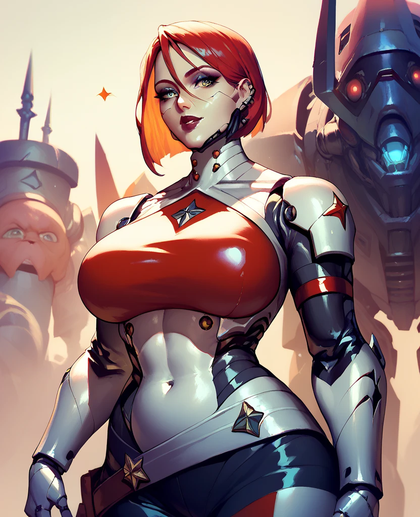 A female robot, with mostly metal humanoid body, short red hair, (((blue eyes))), in a pubitus, elegant pose, (((wearing dress))), (((ultra wide vision))), sunny and smoky, colors with orange palette, bare breasts with