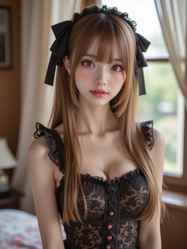((22 y.o girl)), (jpop idol), sitting on chair, dynamic pose, (wearing a nude lace apron), pale skin, (((natural breasts, medium breasts))), (aegyo sal:1.1), (narrow waist), long((low twintails)), brown-hair, ((puffy eyes)), looking away, smiling, sexy, (black G-string), bangs, cafe, indoors, public, (Bokeh), ultra-detailed, best quality, ultra high res, (NSFW:0.9),