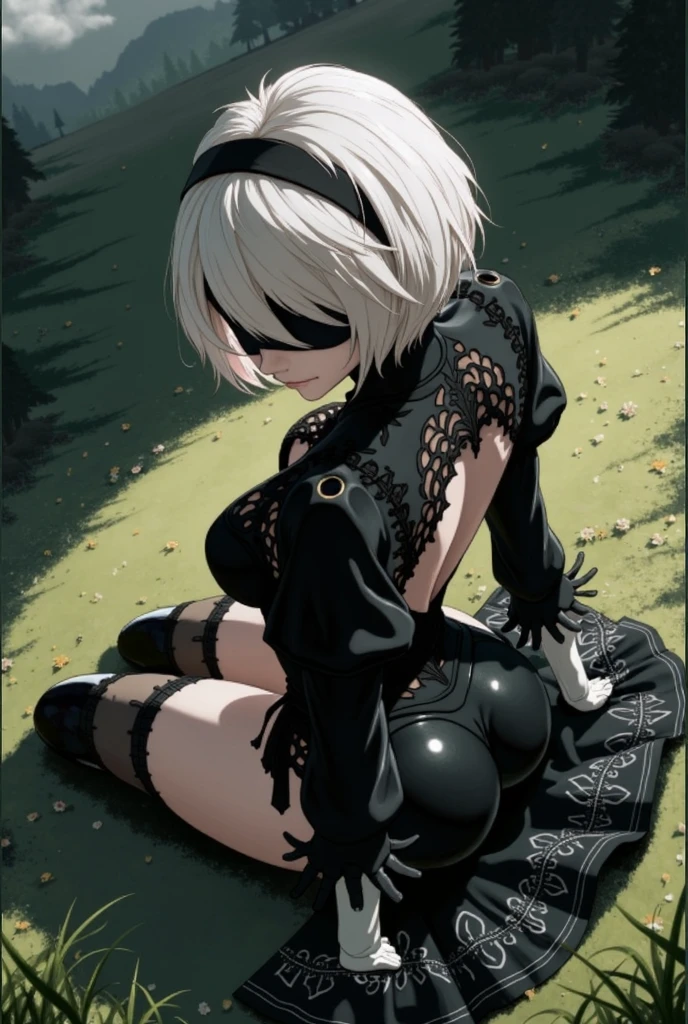 hm2b, solo, perfect slim hourglass figure, looking back, narrow waist, ass, upper body, white hair, short hair, clothing cutout, long sleeves, puffy sleeves, black blindfold, ass focus, wide hips, narrow waist, tall, athletic thicc slim toned perfect hourglass figure, (dress lift:1.2), outdoors, garden, <lora:Character_Nier.Automata_2B:0.7>