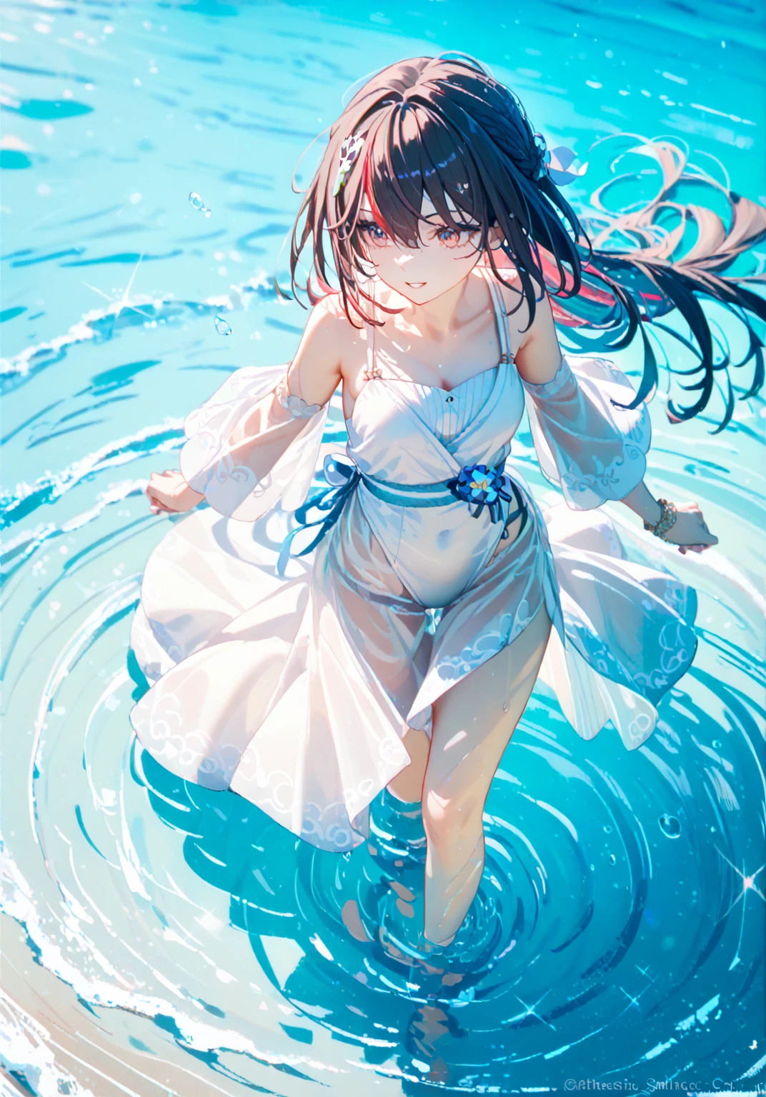 masterpiece, best quality, absurdres, 1girl, Deep under the sea, (((white marble Greek temple))), a girl floating in water, fishs, Tyndall light, in the water, under sea, under ocean, underwater, submerged water, deep submersion