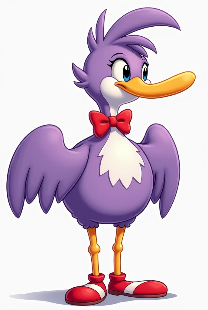 (A cartoon in 2D drawing style)
An anthropomorphic and humanoid bird but round in shape with plumage
Lavender and white purple with orinsontal stripes
Long and slender neck with a red bow tie
Long, slender yellow legs
With red clown shoes with white
Big, strong lavender-colored arms
A small head with a pointy hairstyle
And a little orange


