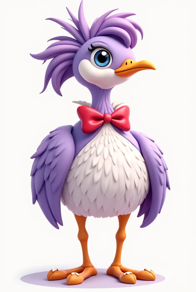 (A cartoon in 2D drawing style)
An anthropomorphic and humanoid bird but round in shape with plumage
Lavender and white purple with orinsontal stripes
Long and slender neck with a red bow tie
Long, slender yellow legs
With red clown shoes with white
Big, strong lavender-colored arms
A small head with a pointy hairstyle
And a little orange

