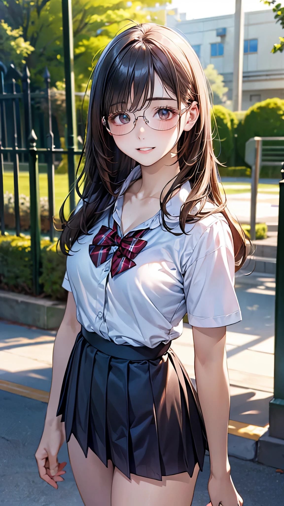 (pieces fly: 1.3), (maximum resolution: 1.2), (ultra high definition tv: 1.2), cinema light, 8K resolution, fine eyes and skin, detailed face, (sharp focus on breasts: 1.2, (The focus is on the face:1.2), perfect style, cute face, Accurate, anatomically correct, Highly detailed face and skin texture, double eyelid, thin eyebrows, glitter eyeliner: 1 natural cheek, shiny skin, Fair skin, Glossy skin: 1.2, (glossy lips: 1.4), (embarrassed look: 1.2), 20 year old woman, (highest quality:1.2), angle from below, cinematic lighting, perfect style, beautiful face, blush, humiliation, impatience, glare, embarrassing, surprised expression, smile, (school uniform:1.5), (pleats skirt:1.5), full of sweat, light brown hair, green ash eye, soaking wet, (fascinating body:1.2), ultra fit clothes, Glasses,