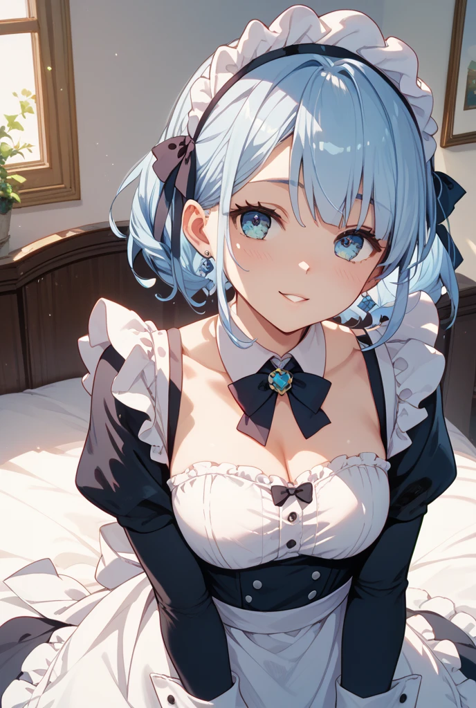 A beautiful girl wearing a light blue maid outfit with lots of frills and lace　Long sleeve　Silver bob with hair ornament　Upper Body