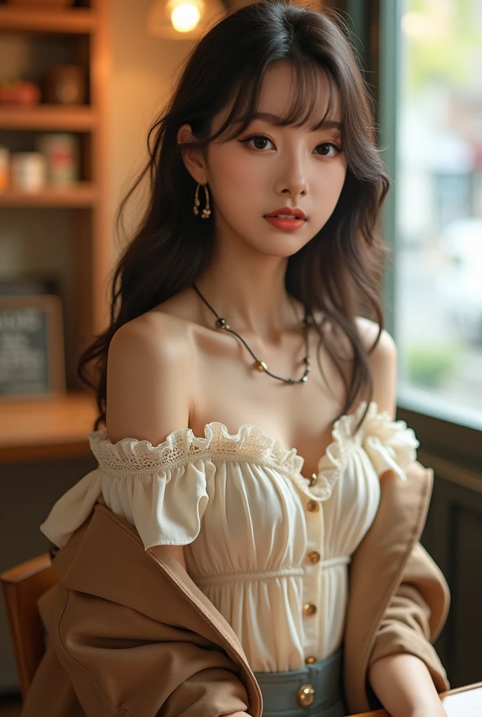 detailed background, masterpiece, best quality, 1 person , curly hair, long hair, purple eyes, star in eye , yellow color Strapless blouse, long skirt
