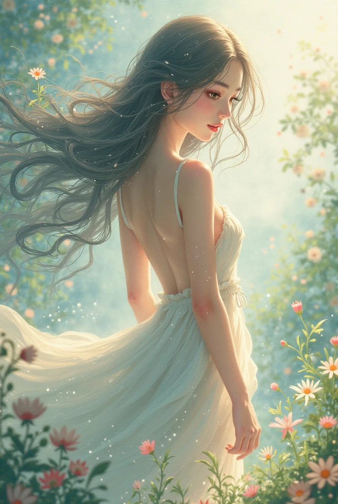 high quality, 8K Ultra HD, full color, etching aquatint, fine lines and shadows, In the heart of Floral Fantasy Wonderland, behold a captivating and ethereal spirit of a beautiful maiden, gracefully adorned with the essence of blooming flowers. Her golden long flowing hair, like silken threads of golden, cascades gracefully down her back, interwoven with delicate floral accents that mirror the surrounding blooms. Her eyes, the color of the deepest forest emeralds, sparkle with a hint of magic and mystery, reflecting the beauty of the floral symphony that surrounds her. In her hand, she holds a delicate bouquet of the most exquisite flowers, their vibrant colors mirroring her own radiant aura. With the clarity and detail of 8K Ultra HD images, every petal, every hue, and every expression of her otherworldly charm come to life in vivid splendor,