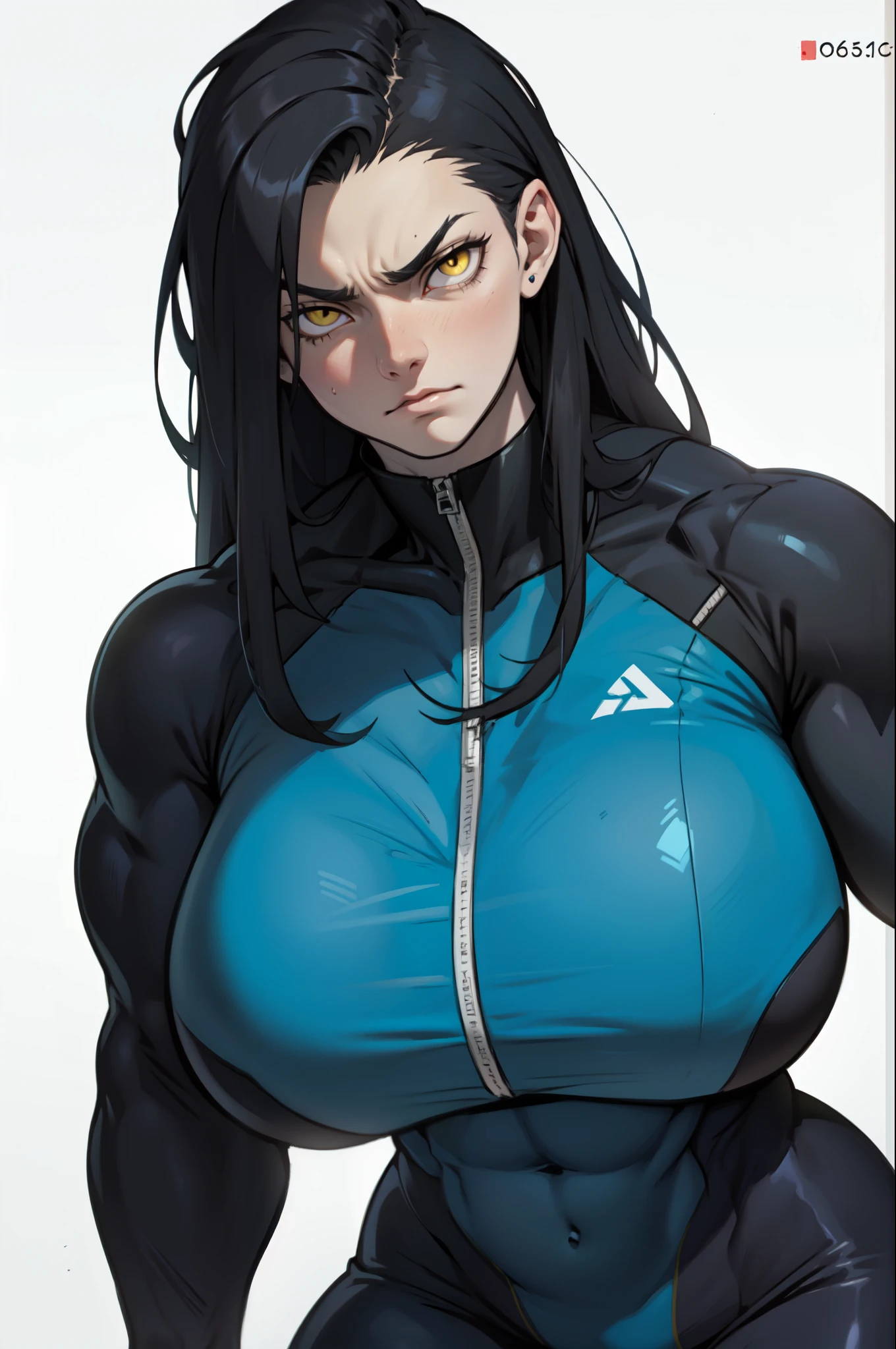 massive breasts huge breasts ((((muscular girl)))) ((((muscular girl)))) ((((muscular girl)))) toned body skinsuit long hair black hair yellow eyes pale skin serious look empty eyes sad frown embarrassed embarrassed embarrassed embarrassed