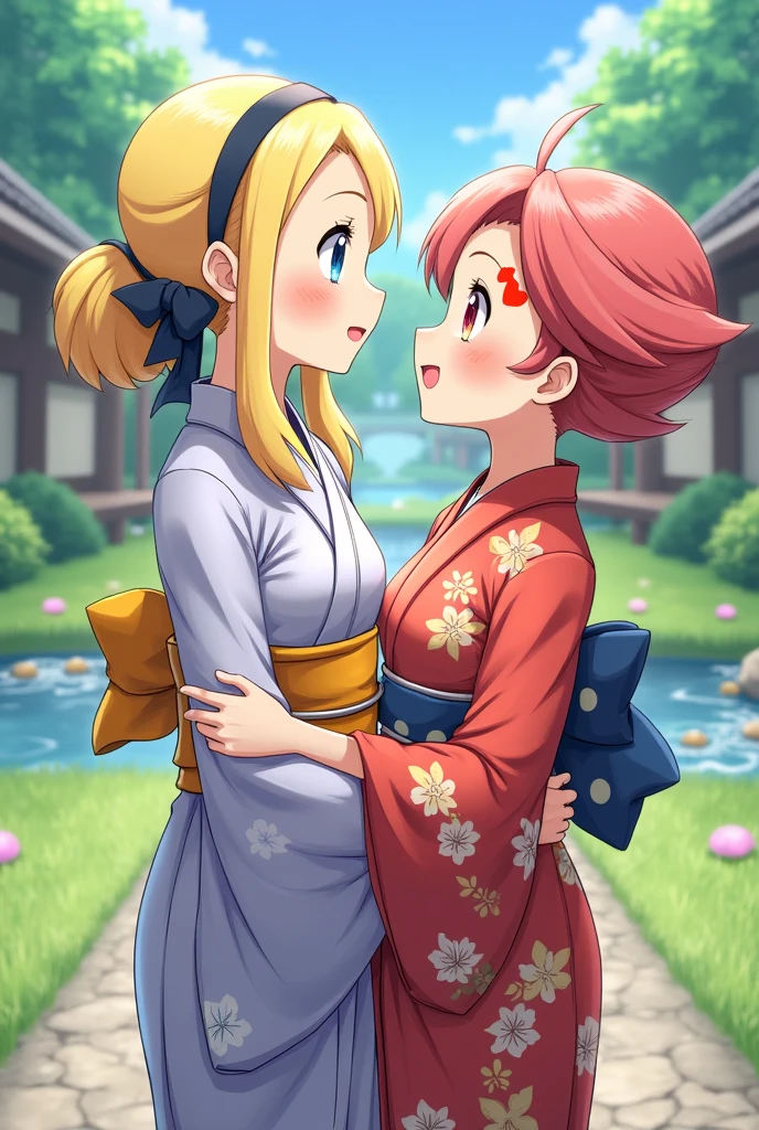 "(2 women kissing, Sakura kissing Ino, ino is blonde, sakura has pink hair), sexy sleeveless konoha ninja outfits, sweat, training, small breasts, yuri:1.4, provocative, scene background with hyper details, Konoha village.", perfect anatomy, perfect arms, perfect hands, they both have the same size