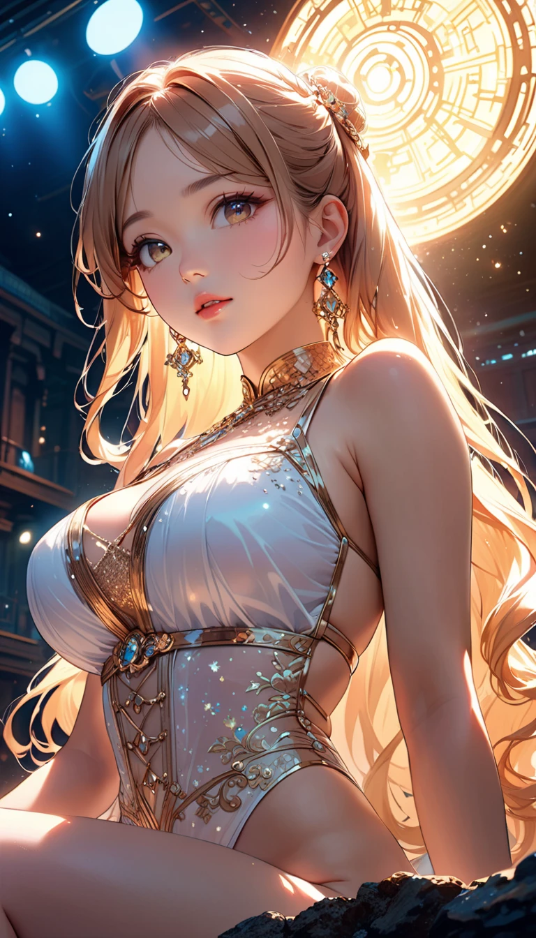 tmasterpiece，Highest image quality，Beautiful bust of noble exotic dance，Sophisticated black and blonde hairstyle，A dazzling array of exquisite jewelry，Exotic bikini dance wear，Ultra-detailed details，advanced。At the Pixiv Art Station，Break your own power，，Obscenity exposed，R-18G