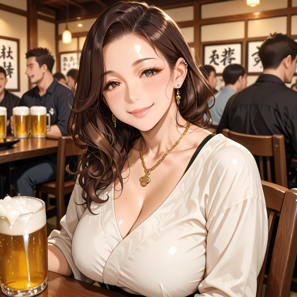 ((Bar scenery)),Woman in Aloha shirt，shop front，(learning forward),cleavage of the breast，big brest，Aloha shirts，shirts lift,Seductive smile，Cute face,Drunk,big brest，slenderbody，top-quality，​masterpiece，Vivid as a photo，Realistic，Photorealistic，Ultra-high delicate，Ray tracing