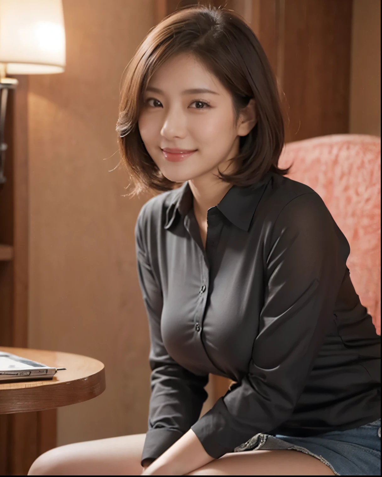 Mature Woman,Japanese female 30 years old,secretary,Table viewer,オフィスで女性secretaryが足を開いて椅子に座っている,(sitting on a chair with her legs spread out boldly:1. 55),(((from below:1 . 35))),(photorealistic),and the viewers all watch that they have erections、She smiles proudly,Kind Face,black tight mini スカート,Soft Thighs, tight shirt ,big soft breasts,light brown short hair,Dynamic Angle,depth of field,very detailed facial and skin textures,Detailed and accurate 5Finger,完璧な比率,HD Images,超HD Images,studio lighting,Professional,bright color,Bokeh