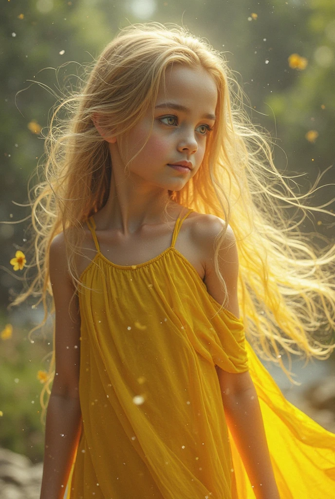 masterpiece, Highly detailed 8k raw photo, best cinematographic quality, Volumetric lighting and shadows surround a beautiful blonde girl in a yellow comic book dress and aquamarine eyes, First person view shot war background