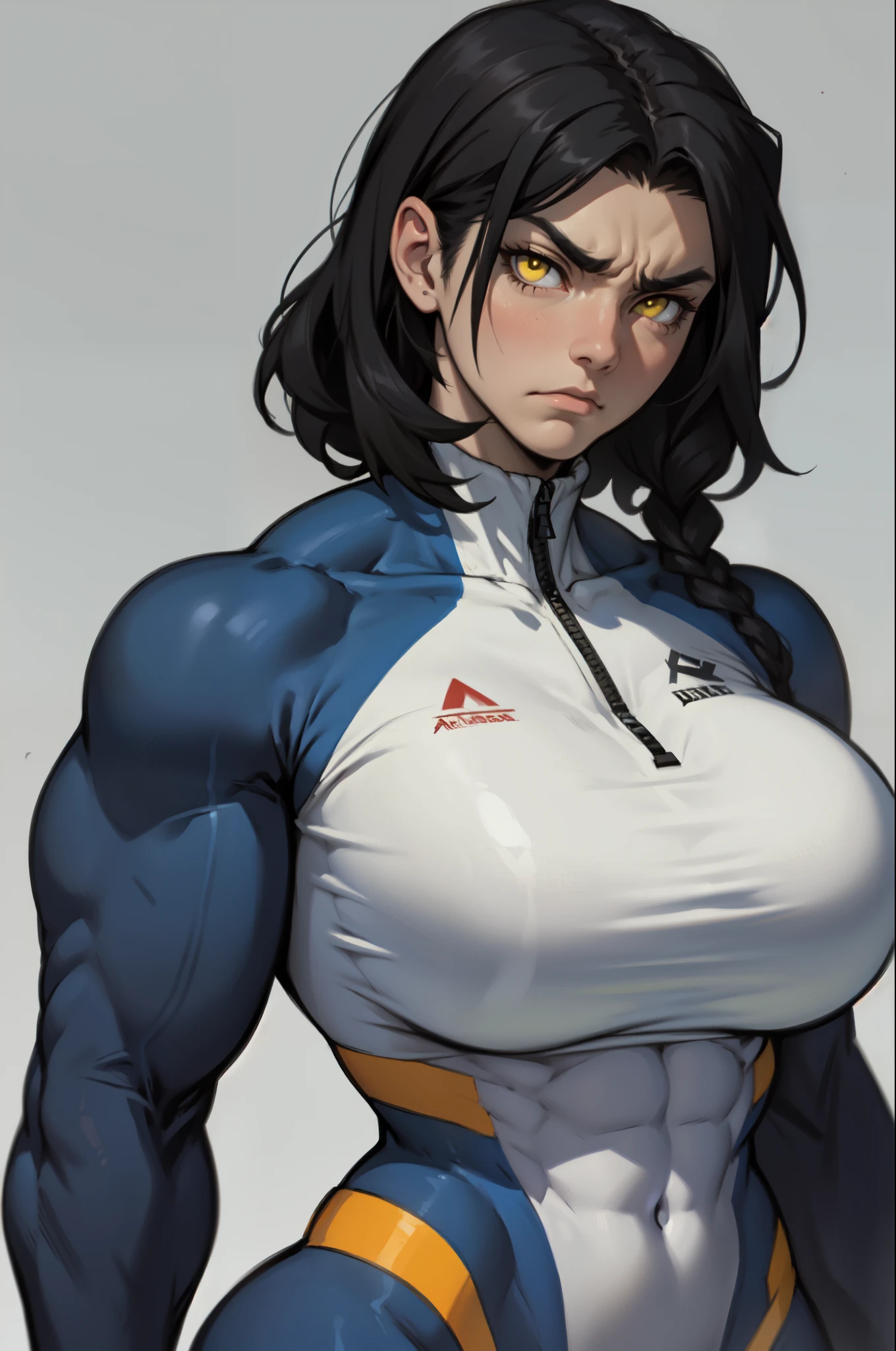 muscular girl large breasts thick thick thick thick thick black hair yellow eyes pale skin disappointed frown athletic female