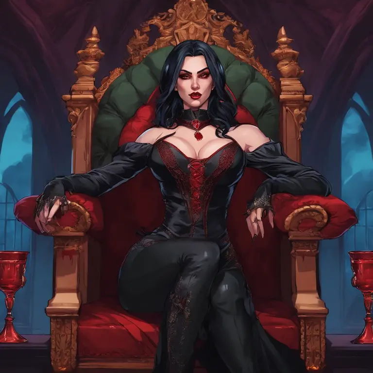 female vampire countess, evil, has long black hair, wearing regal black dress, sitting on throne