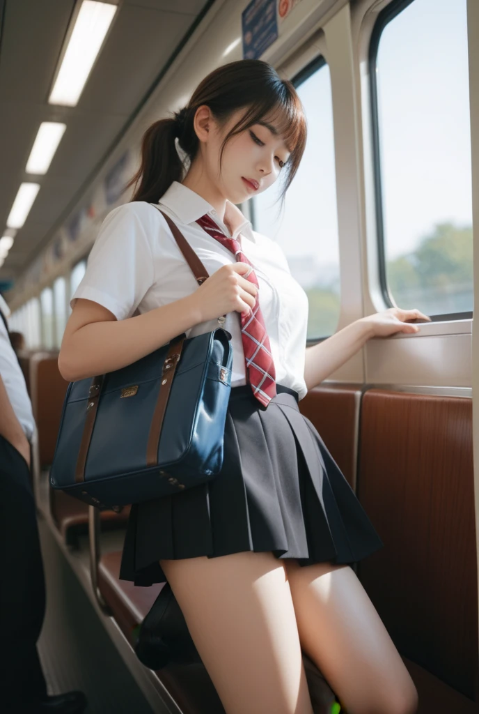 (((Shooting from directly below the front))), top-quality, masterpiece, beautiful hi-school girl, Highly detailed face and skin texture, Detailed eyes, She sits in a long seat on a train with her legs open, hi-school girl uniform, White blouses, black pleated skirt, plump big breasts, Large breasts, Medium bob hair, multi color beautiful hair of light brown color, watching at viewers, shy red face, White panties showing, show cameltoe,