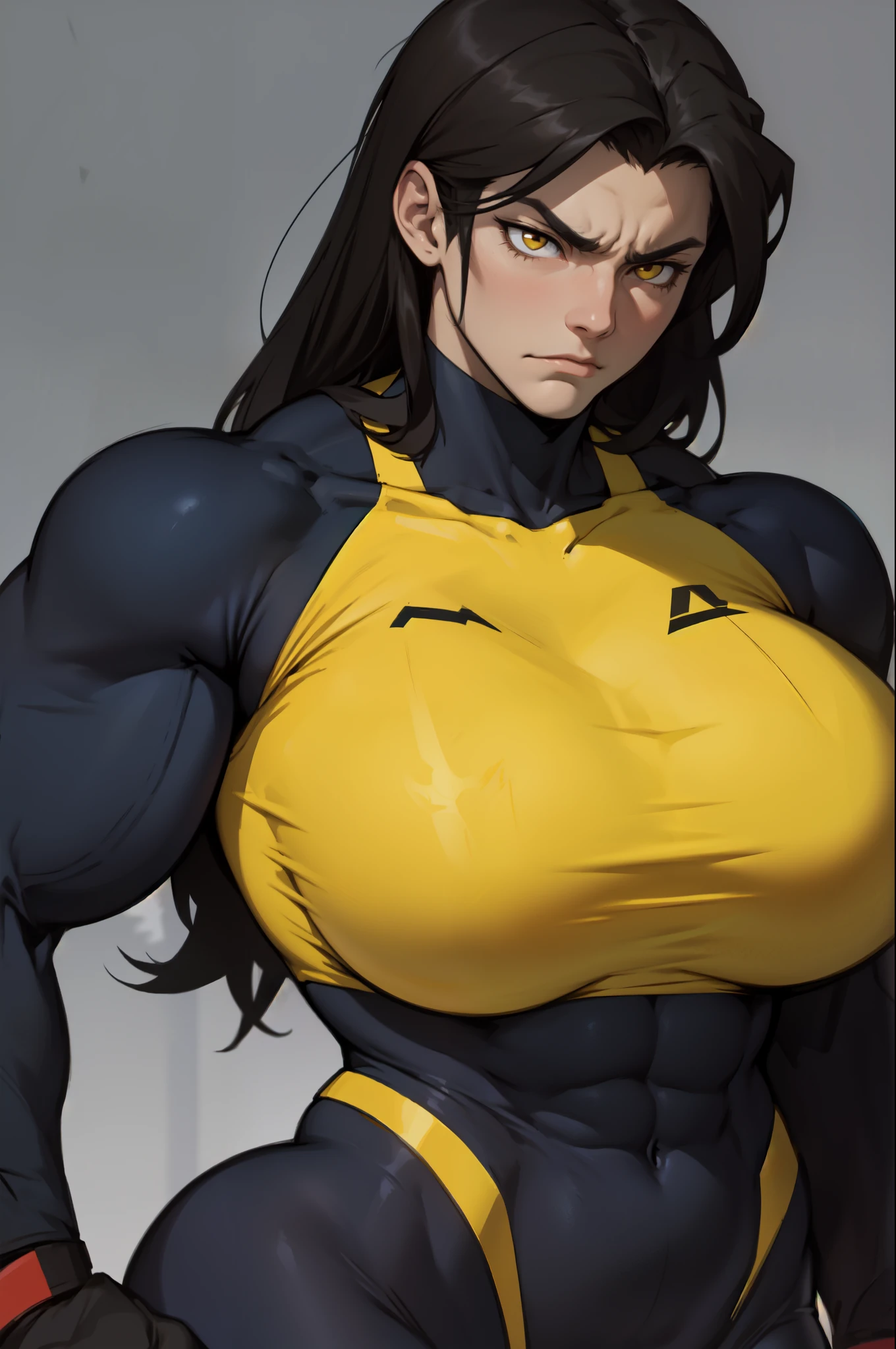 sad girl muscular muscular muscular breasts breasts breasts thick thick thick thick black hair yellow eyes pale skin pale skin thick thick thick long sleeve dark atmosphere thick thick thick thick thick thick muscular simple background sad sad sad sad tigth shirt