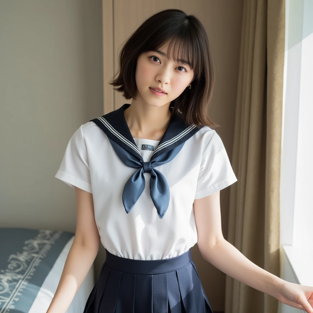 infp young woman、18year old、solo、japanes、High school students、a sailor suit、embarrassed from、cute little、short-hair、Agra