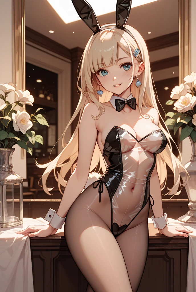 (top-quality: 1.3)、(masterpiece: 1.3)、(The ultra-detailliert: 1.3)、(wall-paper, one girls)、bunnygirl、(Brown Rabbit Girl Leotard:1.3)、(Brown pantyhose:1.3)、 Bunny Girl, White bow tie、, blue eyes, tan skinned female, tanned, tan skin, long pony tail, light brown hair, Luxurious living room、ssmile、sexypose、Luxurious sofa、is standing、Blushing, soft smile, Blue eyes:1.2, cross hair ornament:1.2