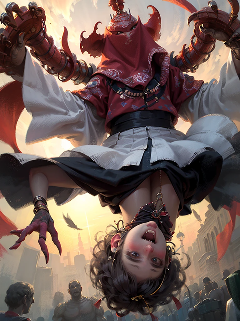 Sexy young girl lying on the ground，Hands are put together，Bind your hands with a red cord，There are red ropes tied on the legs, thighs and calves, and ankles