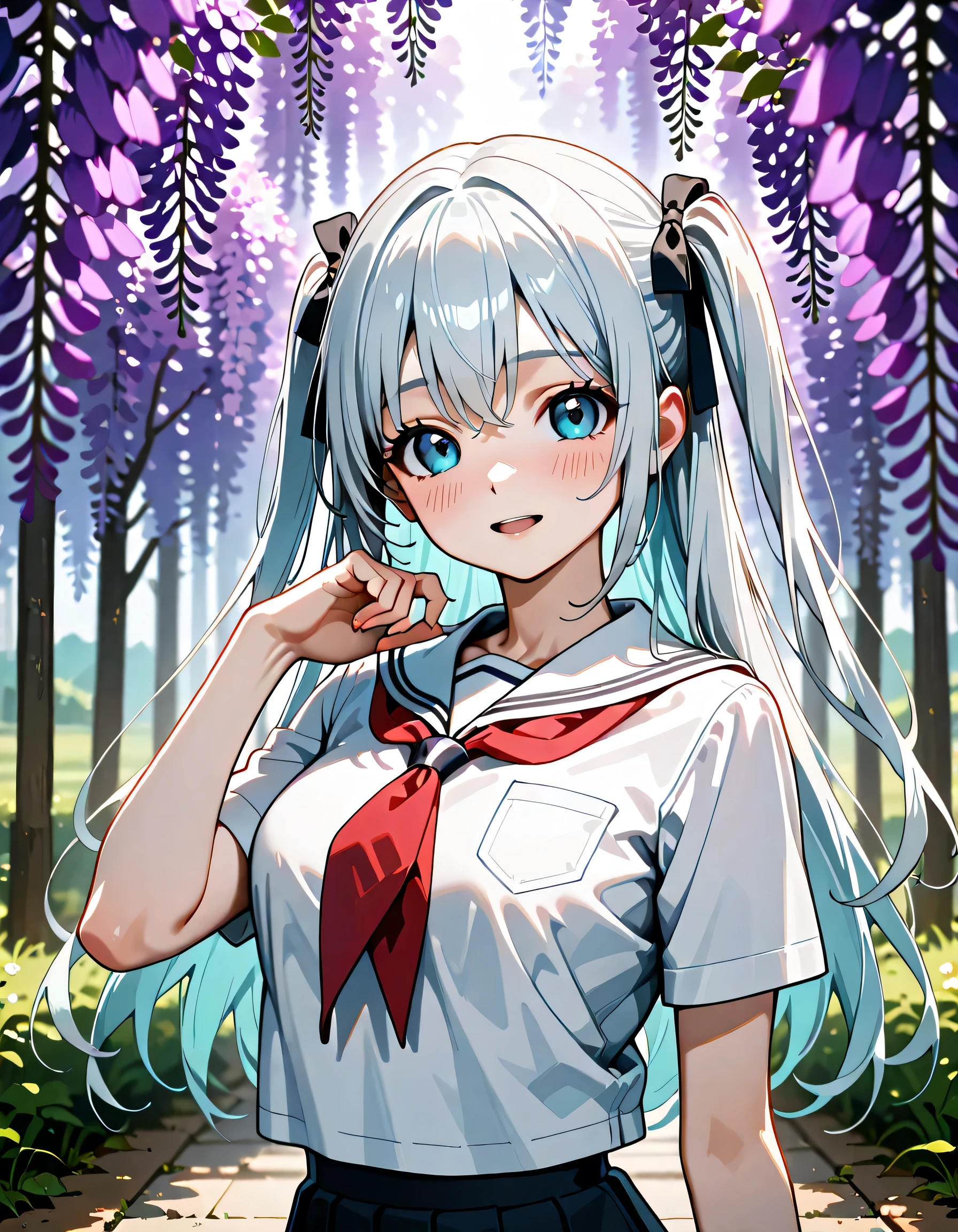 (score_9, score_8_up, score_7_up), source_Anime, absurd_res, white, blue, black, 1girl, solo, upper body, super fine illustration, an extremely delicate and beautiful, best quality, masterpiece, 8K, spring setting, wisteria flowers, gentle breeze, sunlight filtering through trees, long silver hair:1.3, two side up:1.2, blue eyes, hair ribbon with black, ample breasts, white sailor school uniform:1.3, red tie, black pleated skirt, ultra-beautiful girl, fluttering hair, blushing faces, smile:1.2, embarrassed reaction, looking viewers, dynamic pose, contrapposto pose, soft fabric movement, fluttering petals, warm and bright atmosphere, soft lighting, delicate color palette, detailed clothing folds, flowing hair, lively spring vibe, highly detailed rendering, breathtaking composition,