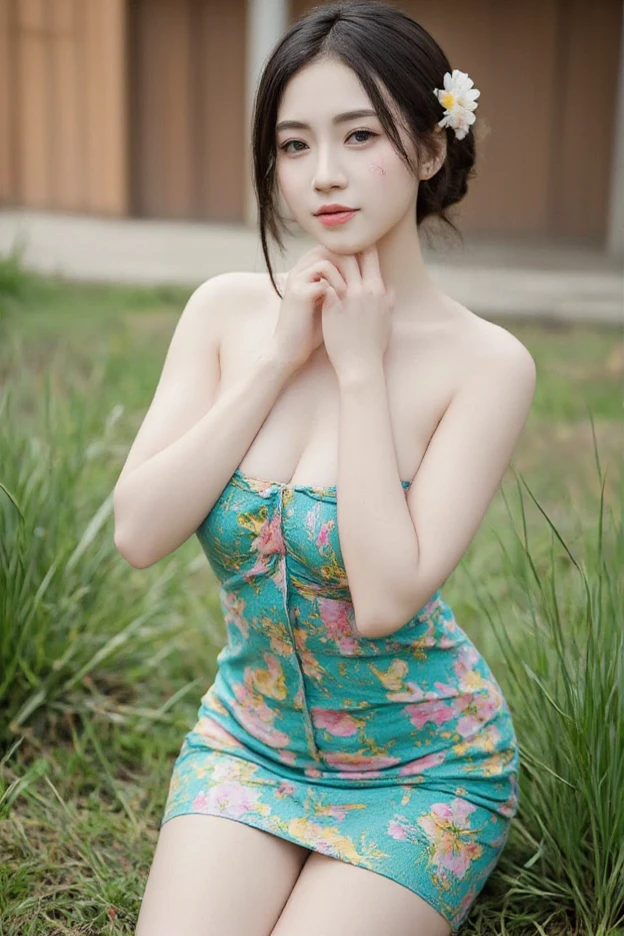 realistic, Highly Detailed CG Integrated 8k Dendenden Wallpapers, ighly Details, High definition color photos, professional photography, (8k, best quality: 1.2), (realistic, realistic: 1.37), (Blue floral dress:1.4), transcendent beauty, Young and cute, Idol girl, shiny skin, big bust, Half-exposed breasts, (cleavage of breasts:1.2), (fair face:1.2), (Short hair: 1.4), (Jeju Island stone wall:1.5),