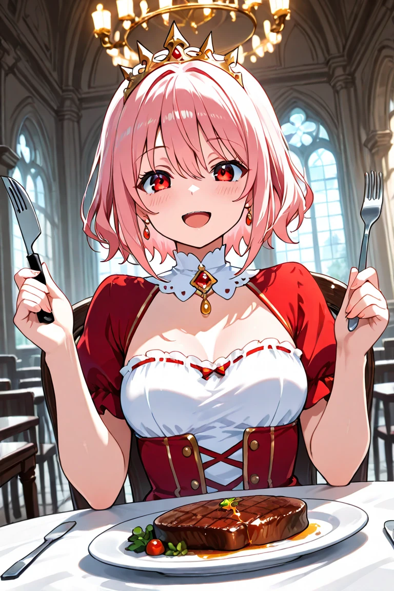 Cinematographic lighting、8K、masterpiece、 Best Quality、HAnd holding the head、1girl in、(kneeking、From above)、(Gonzo Deepthroat、thick penises、Wet 、And、Oral ejaculation、cum shots)、(toppless、Colossal tits、beautiful teats,The areol:1.4、calarsr、Pink hair、scapular、croptop、A bracelet、collars、red shoulder armor)、Cinematographic lighting、 nabel、(Dark Prison、Dark Dungeon:1.5) , the background is blurred、 Beauty、(red blush:1.3)、Climax in the body、male pubic hair、(Saliva: 1.2、close-up)、cum on cheek、(Nipples are visible)