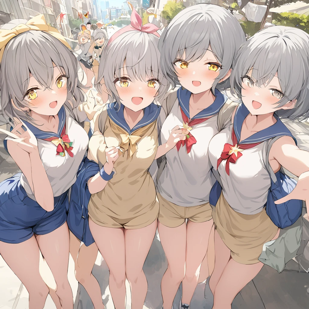 Four schoolgirls sitting on a football field，hand behind head，Expose the armpits，legs are open，and freckles on his face，Moles in the corners of the eyes，There are moles at the corners of the mouth，full body moles，Smoky makeup，Heavy makeup，Dark eyeshadow，Hair tied up，choker necklace，Sweat profusely，Wearing sweat，Soaked transparent clothes，Sunny and cheerful smile，Very detailed facial delicate and delicate facial features，Shabby cloth shoes，Shabby white socks，Sit with your legs crossed，Thick pubic hair，Pubic hair is exuberant，Lots of pubic hair，Thick pubic hair，Strong body hair，A foreign body is inserted into the，first person perspective