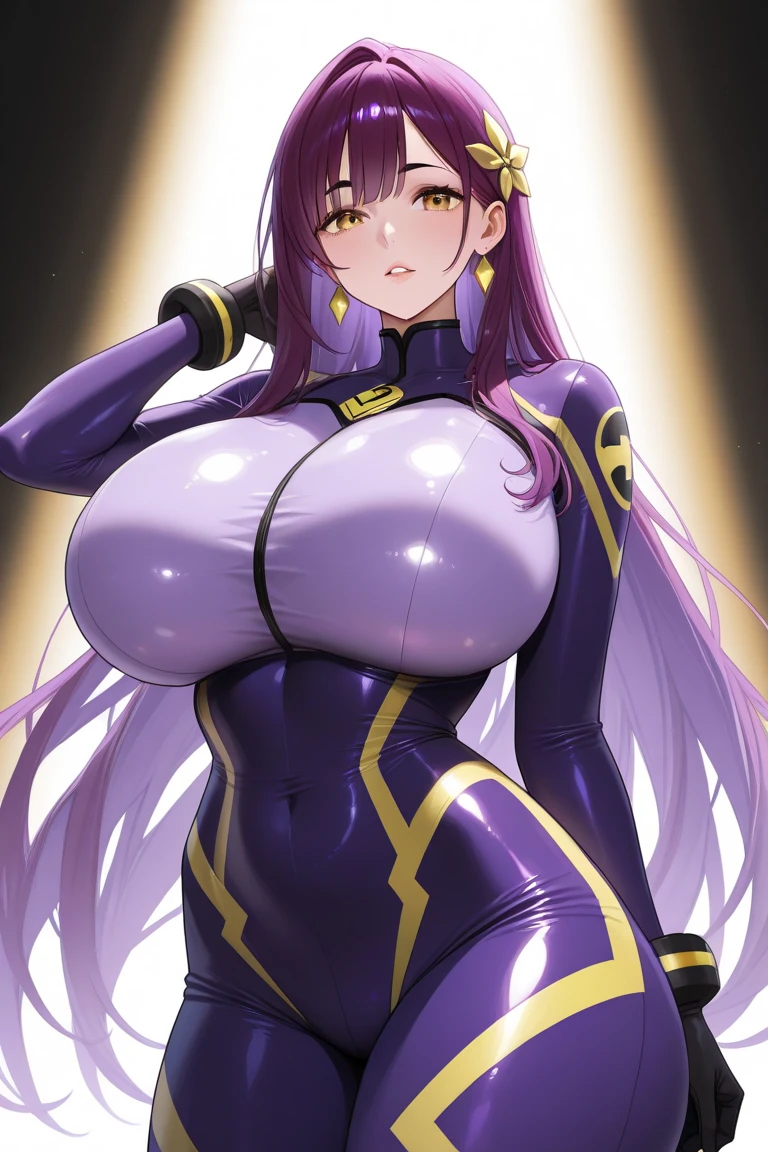 Dressed in purple and gold，Beautiful girl in official uniform，The hair is purple，long whitr hair，The pupils are crimson，The slender waist does not show the figure