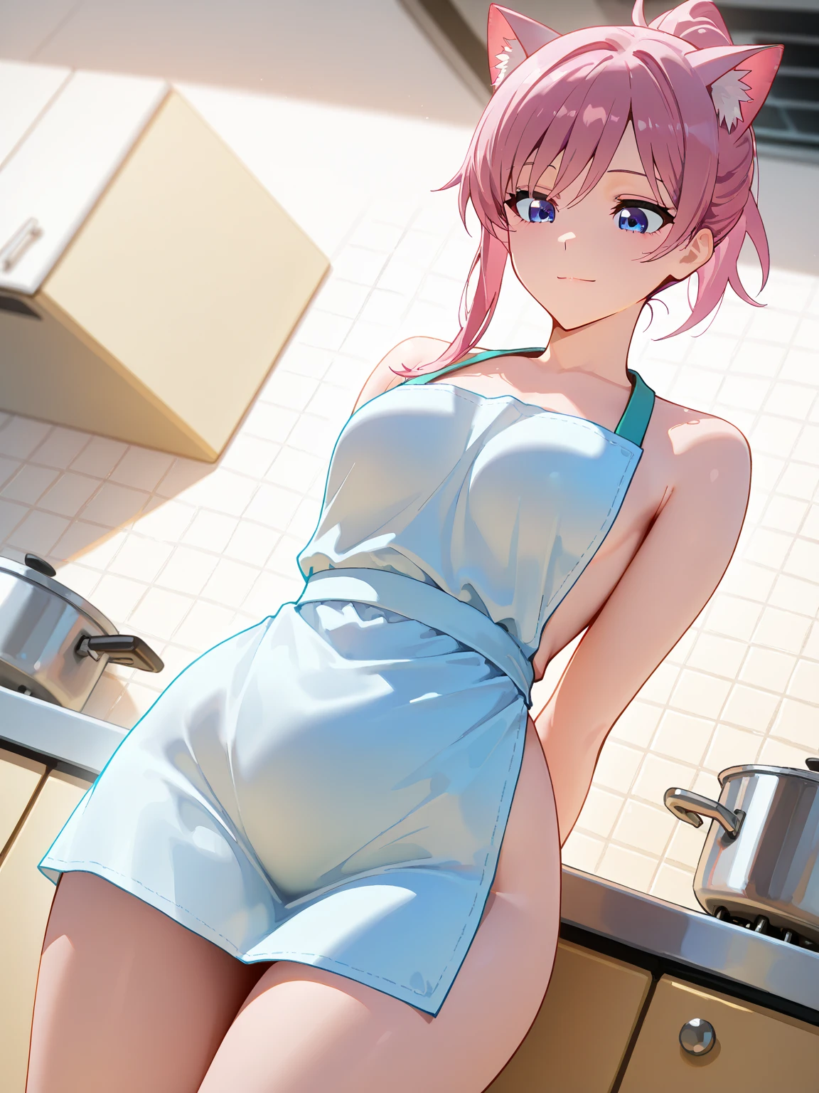 One girl, alone, , (naked:1.3), (White apron), Large Breasts, Cleavage, Thighs, Cafe Background, (Blushing:1.2), smile
