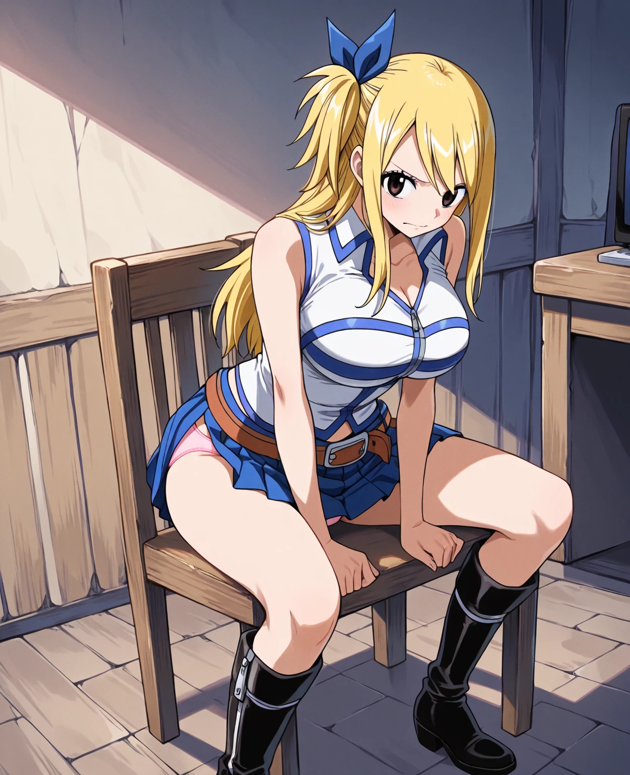 photorealistic, octane render, best quality, sharp focus, 8k, 4k, Masterpiece, realistic skin texture, extremely detailed, intricate, hyper detailed, illustration, soft lighting, high resolution, sharp detail, lucyheartfilia, brown eyes, blonde hair, long hair, one side up, large breasts, white shirt, sleeveless, belt, blue skirt, brown boots, looking at viewer, upskirt panties, squatting upskirt