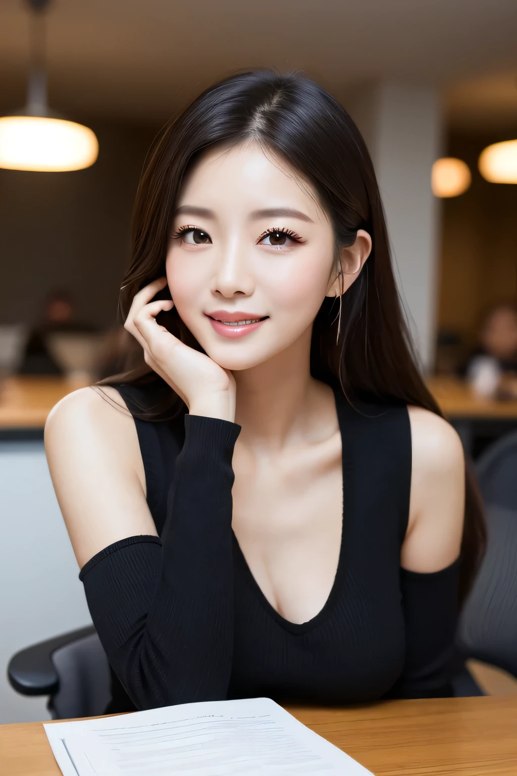 ((Highest quality, 8K, masterpiece: 1.3)), beautiful girl, Pure, Melon face, Kind and cute, sweet smile, Pure desire, Slender body, (front), (Tilt your head), ((looking at the camera) ), Wearing a yellow office suit and a short skirt, Black silky medium length hair, Long, flowing shoulders, Big, round, black eyes, Clear, big eyes, Moist red lips, sweet, Sitting in the office, Office Background, front view Turning around and looking directly at the camera, (whole body),