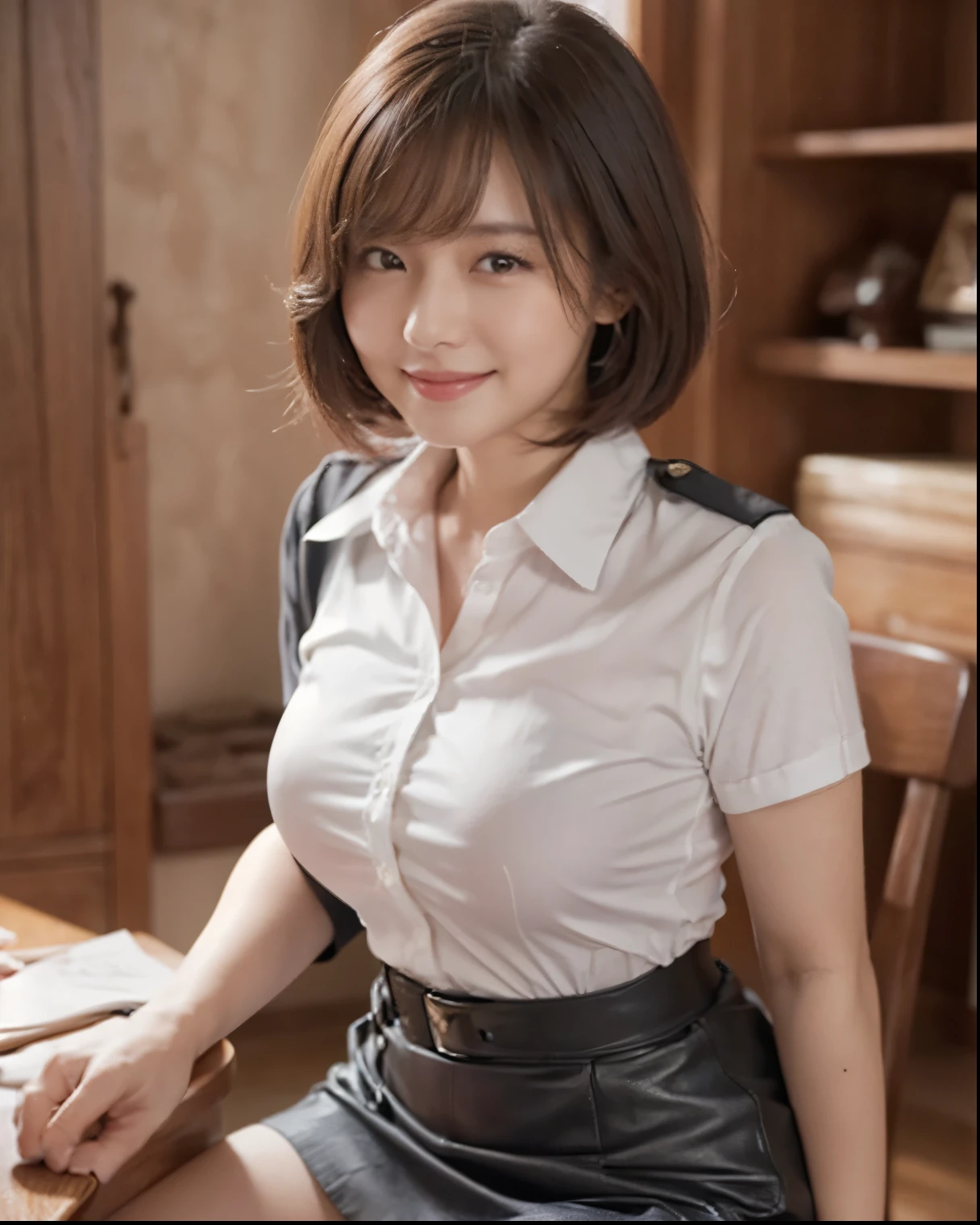 mature woman,0,female cops in future SF,Japanese Woman in a White Short-sleeved Uniform,Table viewer,female cops in future SFが足を開いて椅子に座っている,(pose of sitting on a chair with legs spread out boldly:1. 55),(((from below:1 . 35))),(photorealistic),and she smiles proudly as she sees viewers have erections,kind face,black tight mini skirt,skirt,Soft Thighs,tight shirt,big soft breasts,Light Brown Short Hair,Squeeze out sperm with her hands,Dynamic Angle,depth of field,very detailed facial and skin textures,Detailed and accurate 5Finger,perfect proportions,high image quality,超high image quality,studio lighting,Professional,bright color,Bokeh