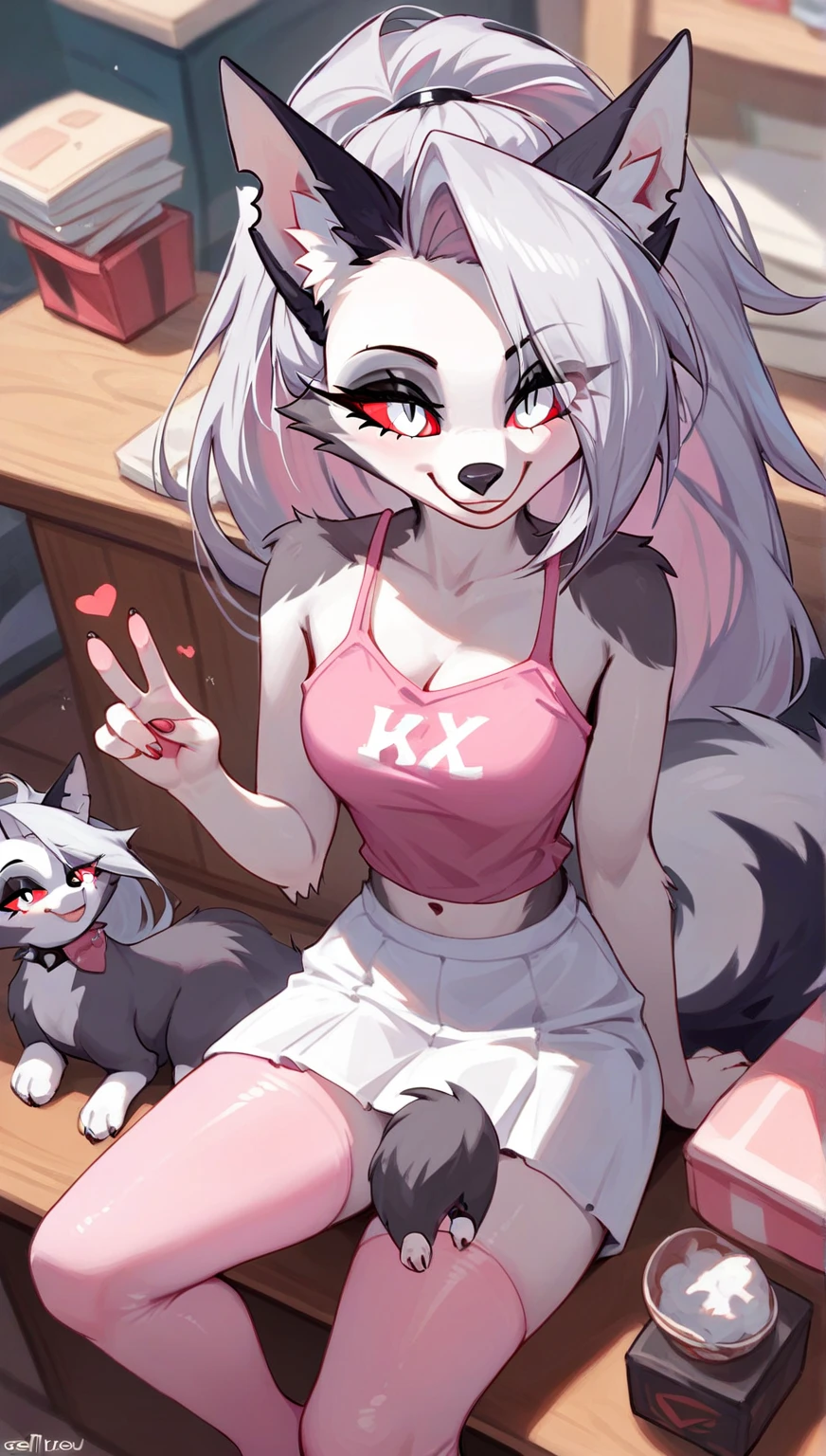 score_9,score_8_up,score_7_up, score_6_up, source_anime, Anthro, pink eyes, slotted eyes, nezuko kamado, she is an Anthro furry white fox girl, snout, black nose, white fox tail and ears, pov, pov handjob, she is licking viewers cock, human viewer, blushing, eyes half closed, neutral expression, aroused, in a Japanese feudal era bedroom