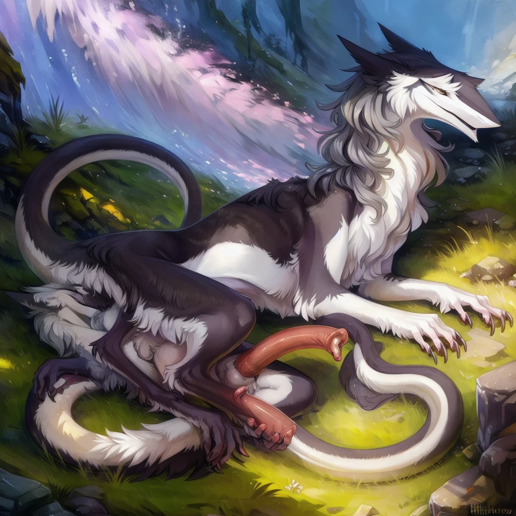ultra-detailed, masterpiece, masterwork, high quality, best quality, hdr, posted on e621, (by hioshiru), (nature), nsfw, male, solo, (white little body dminotaur), hairy dragon, (long silver hair, yellow eyes, detailed eyes, white chubby body), (nude, smallpenis, foreskin, balls), sitting, front view, dynamic angle