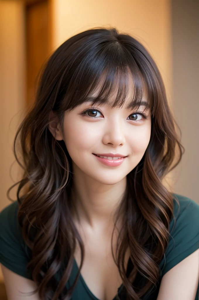 (Raw photo), (Photorealistic), (masterpiece), (Highest quality), High resolution, 8K resolution, (Intricate details), (Volumetric Light), Portrait, woman, 20 years, Mid-length hair, Straight Hair, Layered Hair, Brown haired, Highly detailed eyes, Source Order, Very fine eyebrows, Highly detailed skin, Highly detailed mouth, Highly detailed nose, Cute like an idol, Smile, ((Thick lips)), ((Look at the viewers)), (Elegant blouse).Large Breasts、I can see her cleavage、red bra、