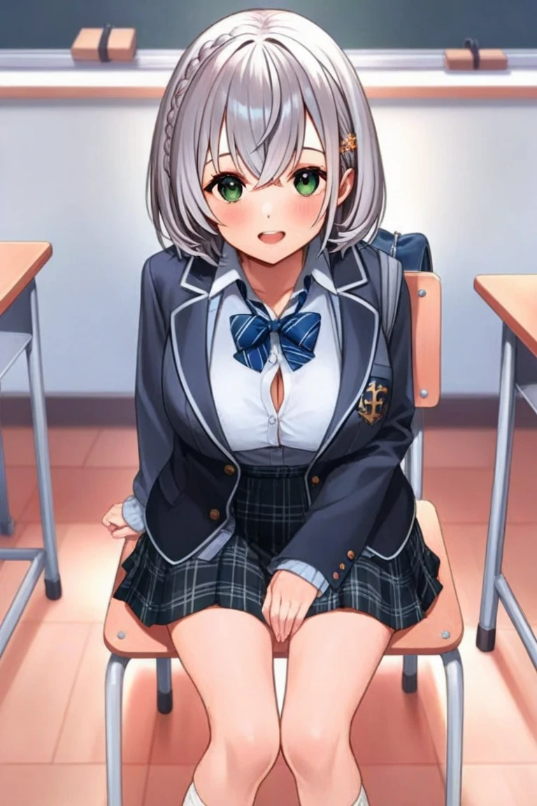 Highest quality,masterpiece,2person,{{{hetero}}},indoor,((classroom)),1girl,Green Eyes, Grey Hair, hair ornaments, bangs, Virtual YouTuber, blunt bangs, Double Bang, Animal ears, Flat Chest,uniform,Navy Blue Blazer,White shirt,Pink ribbon,Grey Skirt,Pink Panties,White long socks,Black low heels, :3,{{{{1boy,Black Hair,Short Hair,Put your face in the skirt,Men are down,Woman on top}}}}