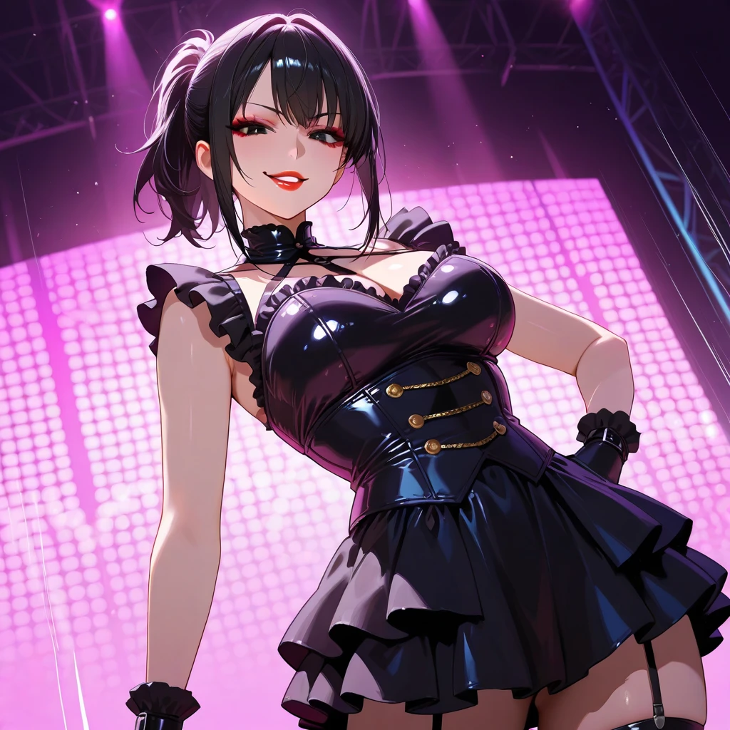 Masterpiece, Gothic Nightclub, Dark Wave, Electro Party, crowd, dancefloor, busty woman in a short black dress, deep cleavage, black hair, white face
