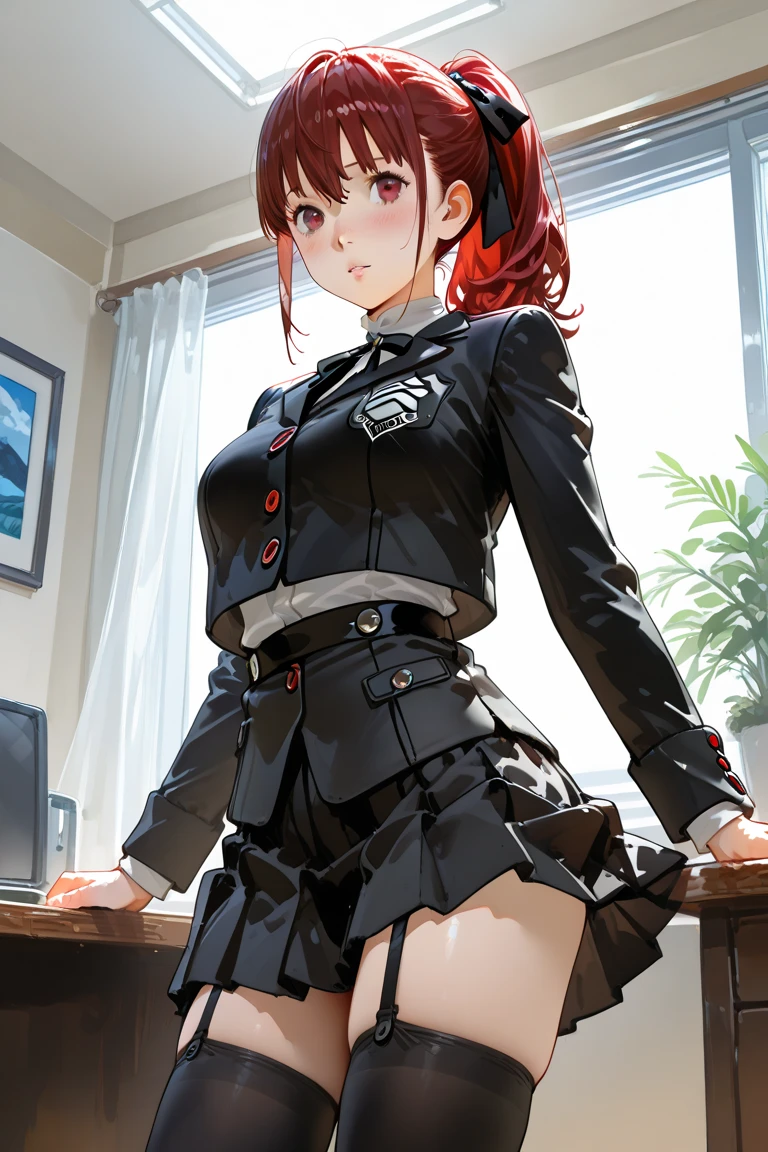 (Best quality at best, 4K, 8K, A high resolution, masterpiece:1.2), ultra - detailed, Nice face, detailedfacialfeatures, Breast size is medium, Realistic skin, wears uniform, underbust, sleeveless white top, blouse, ribbon, modest top, yellow ribbons, red hair, (A high resolution: 1.1), (actual: 0.9), (Vibrant colors), (youthful), (dynamics), (beautiful  detailed face), (detailedfacialfeatures), (Breast size is medium), (one bar prison), one bar prison goes up under skirt, thigh highs, one bar prison between thighs, thigh gap, in front of classroom, in front of black board, thick one bar prison
