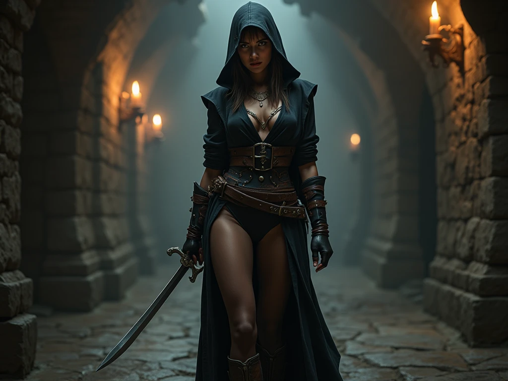 "(best quality,8K,highres,masterpiece:1.2),beautiful,detailed face,smiling and mesmerizing,dark chestnut hair,wearing black armor with magical ruins motif.emphasized chest area", arab decent, short and thin, with a hooded cloak, and short leather skirt and thigh high boots
