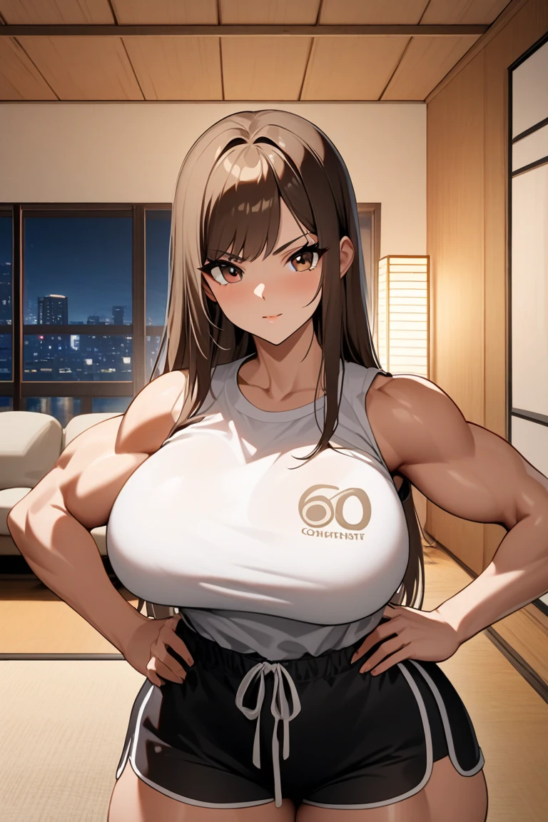 attractive korean woman, ripped muscle, muscular body, small breast, pale skin, smile(blush), bikini, cross pendant, sixpack abs, [ultra detailed skin:1.2], brown hair, messy hair, 8k uhd, full body, standing, bed,
