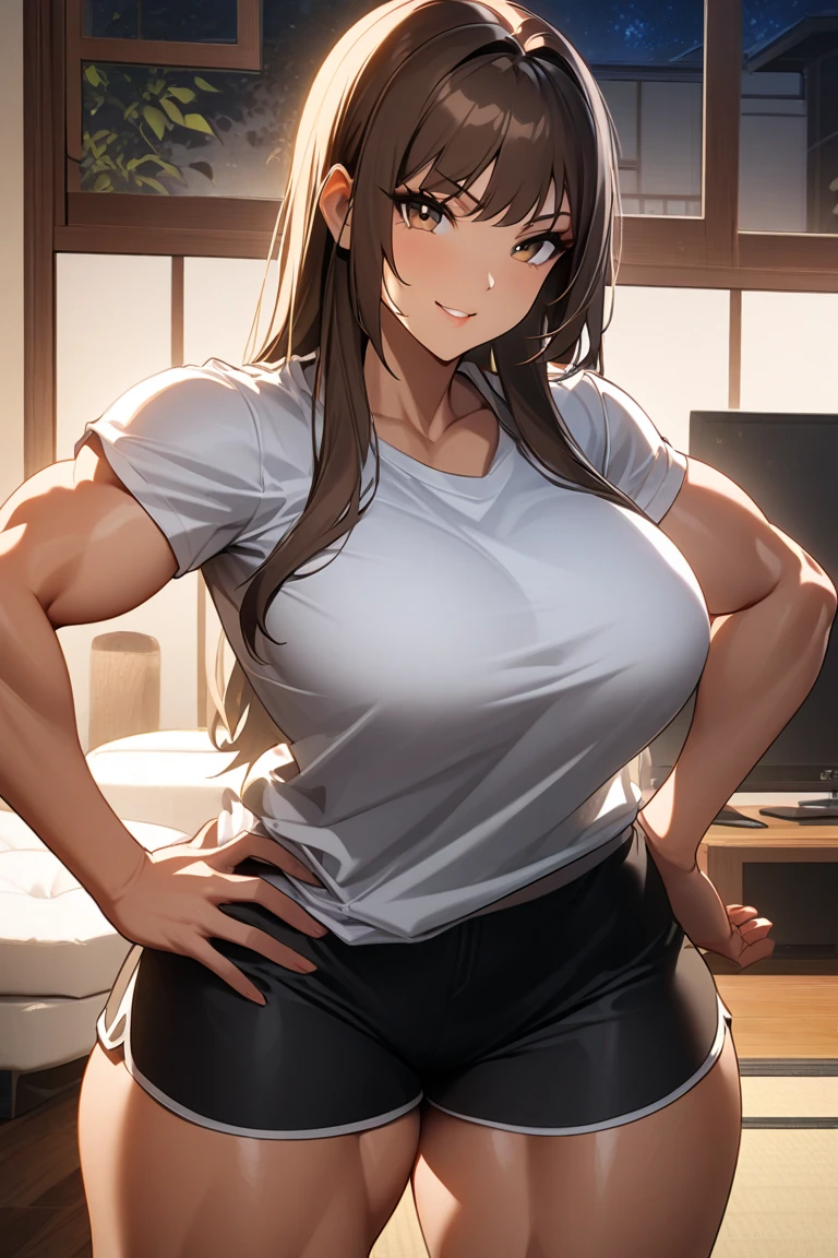 Pretty young girl, brown hair,beautiful long low ponytail hairstyle, (tight short grey pants) , short sleeve,,(slouch),(reisalin stout),(wide muscles),((sexy voluptuous body),((front view)),(at bedroom),(sexy body flexes),((happy smile)),(sexy abdominal muscles),((huge breasts)),(((showing her bare chest for her boyfriend)))