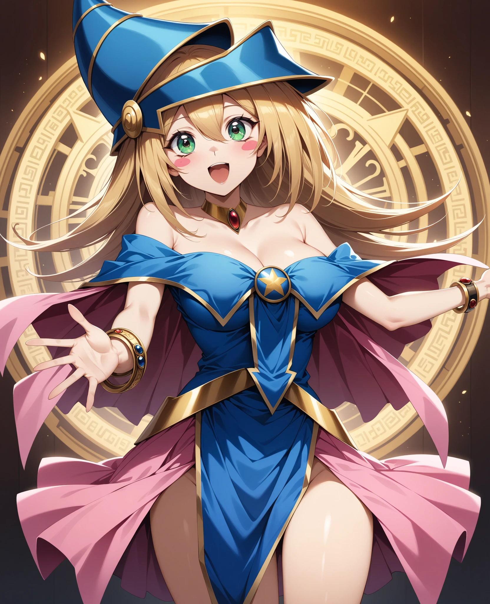 masterpiece, best quality, highres, hmdmg1, wizard hat, blush, blush stickers, cleavage, bare shoulders, dress, off shoulder, command spell, magic, magic circle,
