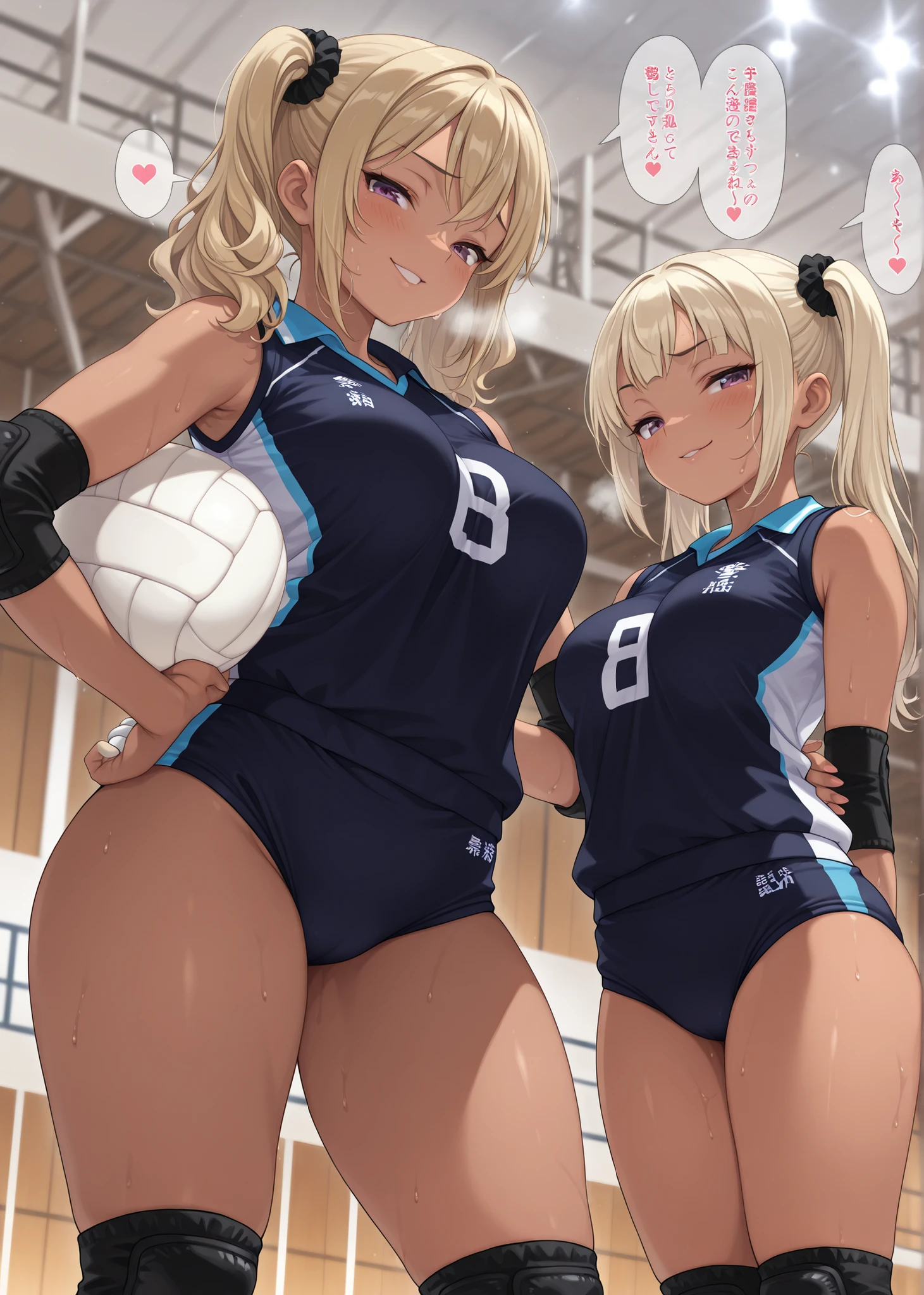 masterpiece, best quality, amazing quality, perfect anatomy, 2girls, gyaru, (yuri:1.4), (holding ball:1.4), (seductive pose:1.4), thick thighs, Collared volleyball uniforms, sleeveless, (buruma:1.4), volleyball knee pads, elbow sleeve, (old Full spherical 8.5" white volleyball ball:1.4), (blush:1.4), camel toe, (chubby:0.8), curvy, (sweat, Covered in sweat, covered in perspiration:1,4), (deep breathing:1.2), looking at viewers, spoken heart, in Uninhabited gymnasium, cowboy shot, detailed lips, highly detailed sports uniform, soft focus background, seductive smile, torogao, medium breasts, volleyball uniform, sportswear, elbow pads, elbow sleeve, knee pads, sleeveless, Buruma, (Matching uniforms:1.4),from below, blush, mesugaki