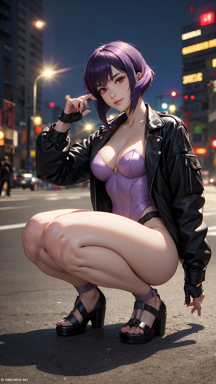 (Masterpiece:1.4), (best quality, high resolution:1.4), (leaning back on her knees), (dynamic pose:1.5), (full body), (spreading her legs), (((pussy visible))), futuristic city, dark city, neon lights, cybernetic, solo, 1girl, kusanagi motoko, expressionless, closed mouth, (purple hair), jacket, (transparent) white leotard, (transparent) white thigh highs, gloves, cleavage, looking at viewer, eye contact, beautiful face, highly detailed face, highly detailed eyes, highly detailed skin, skin pores, subsurface scattering, realistic pupils, full face blush, full lips, detailed background, depth of field, volumetric lighting, sharp focus, absurdres, realistic proportions, good anatomy, (realistic, hyperrealistic:1.4), 16k hdr,