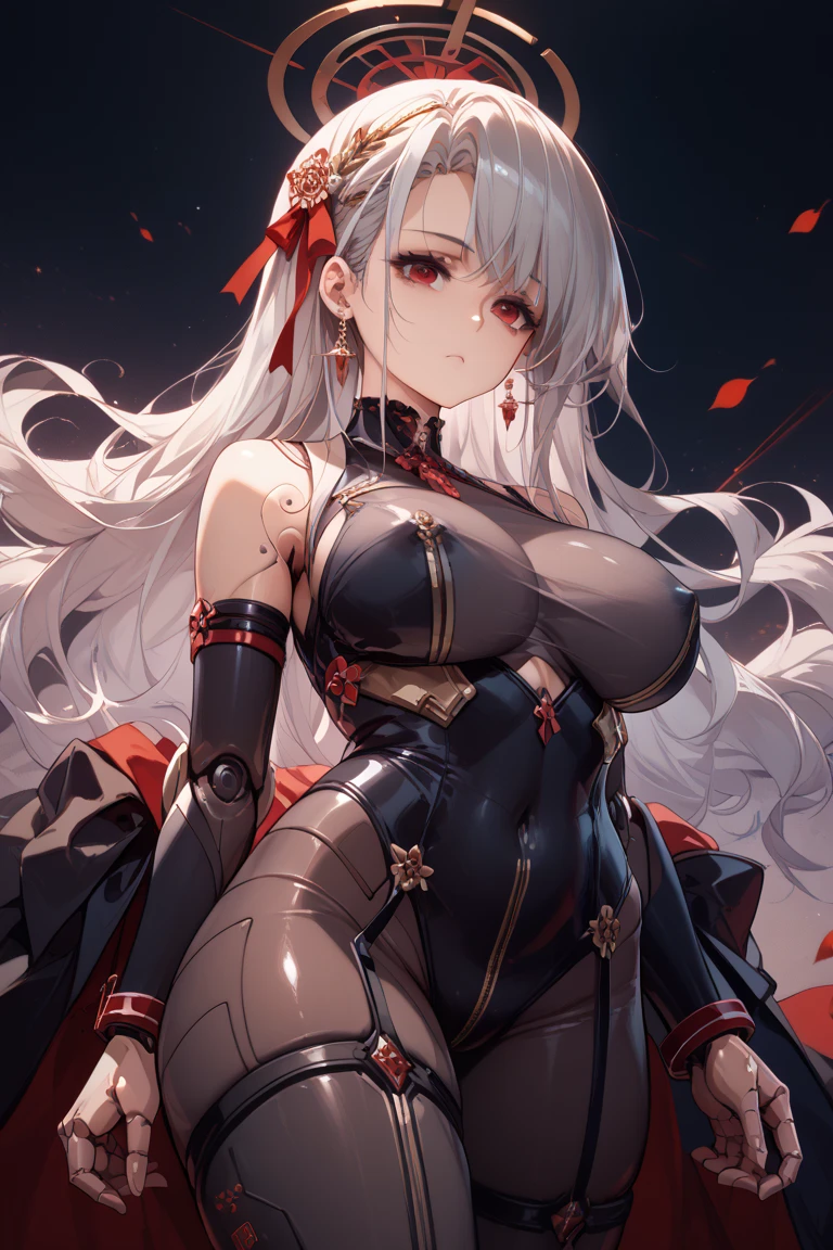 ((((Obra maestra, La mejor calidad, ultrahigh resolution)))), 1girl, standing, (cute maid costume), ((long pure silver hair and grey mesh hair, hair over eye)), long hair cut, pale skin, ((red eyes)), glowing_eyes, neon eyes, (ultra detailed eyes:0.7, beautiful and detailed face, detailed eyes:0.9), smile, ((wide shot)), facing viewer, ((vibrant background, bright lighting, summer, sunlight)), flat chested, looking at viewer, ((half closed eyes)), ((perfect hands)), (((head:1, arms, hips in view, elbows, arms, legs, in view))), ((hands behind back)), empty eyes, beautiful lighting, ((outside, outdoors)), defined subject, head tilt, (((gritty)), ((creepy)), ((cool)), ((beautiful)), (((SFW)))
