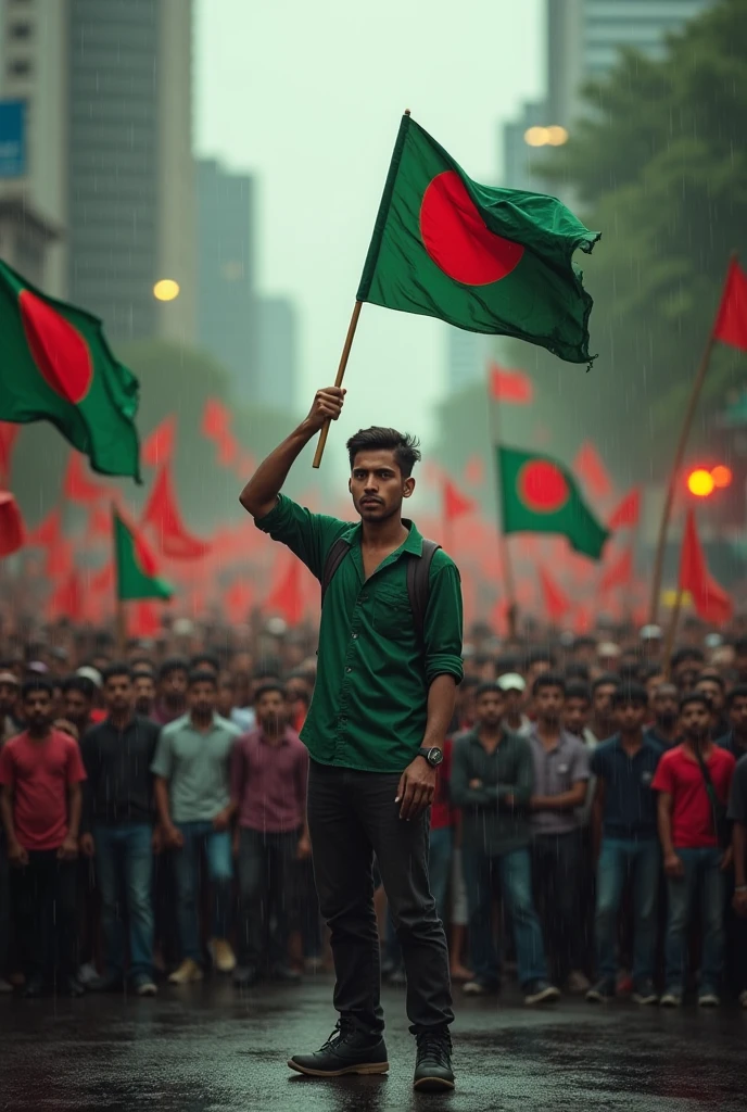 Young Man who is in rally with Bangladesh flags and feeling sad