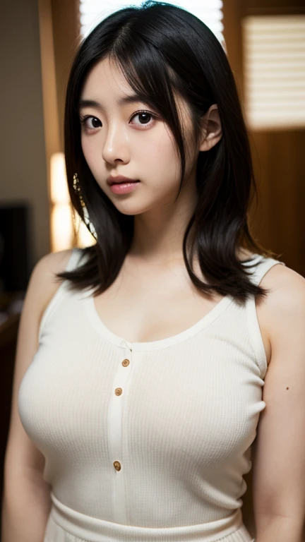 table top, highest quality, 16k, 1 girl, 16, big breasts, Raw photo, professional photography, portrait, soft light, professional lighting, alone, 笑face, close, face, close, cute, girly, goddess, delicate girl, pure beauty, Digital single-lens reflex camera, avert your eyes, Frank, Sophisticated, film grain, (目とfaceの詳細:1.0), long hair swaying in the wind, bangs, (White tight tank top that clings to the breasts)、(Pale light green pleated skirt)、(big breasts:1.5)、cute hanging eyes、late night office、I'm sitting in a chair in front of my computer