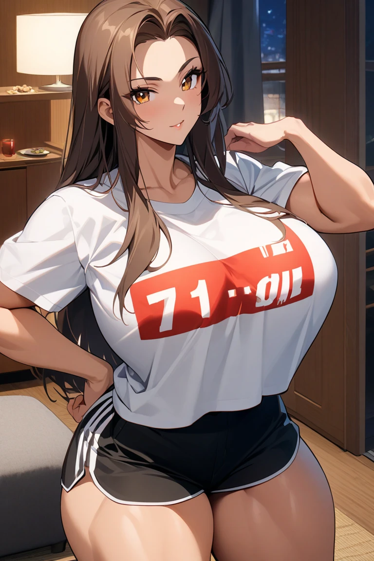 ((Masterpiece)), perfect anatomy, perfect shading, field of depth, (best quality), extremely delicate and beautiful, perfect lighting, detailed face, ultra cute face, cute, (cowboy shot 1.2) , looking at viewer, full body, (((1girl))), (((solo))), cheerleader
long hair, fluffy hair, brown hair, pony tail, green eyes, (((blush))), nervous, (cheerleader uniform), (white tank top 1.2), (short section red skirt 1.2), thigh highs, chocker, extremely tight clothes, large breasts, cleavage, perky breasts, (wide hips), (thick thighs), pudgy,
fast food restaurant, intricate background, detailed background, sweaty,